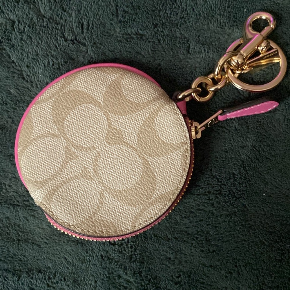 Coach Pink-Trim Signature Round Coin Case Keychain